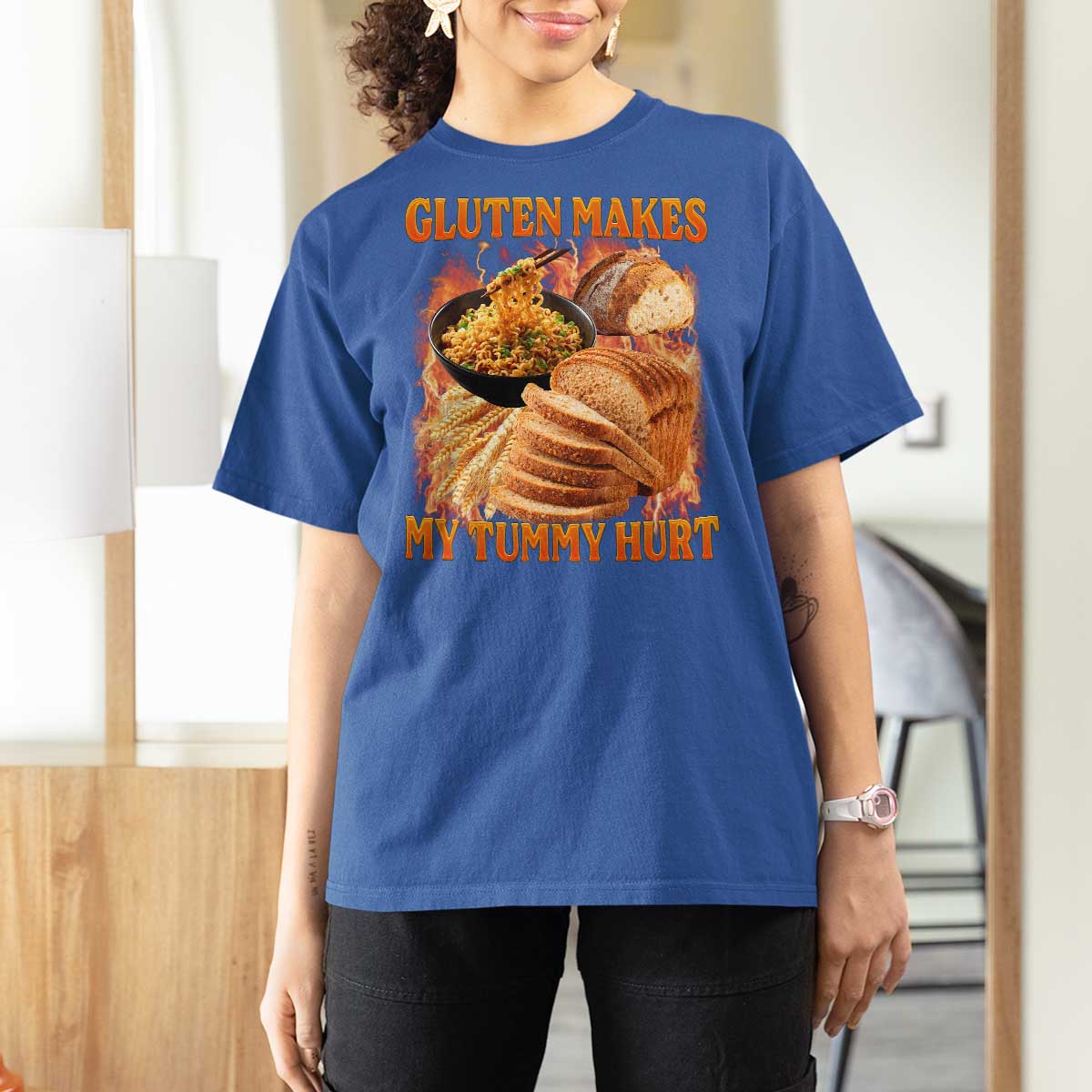 Funny Gluten Free T Shirt For Women Gluten Makes My Tummy Hurt Vintage Bootleg Graphic