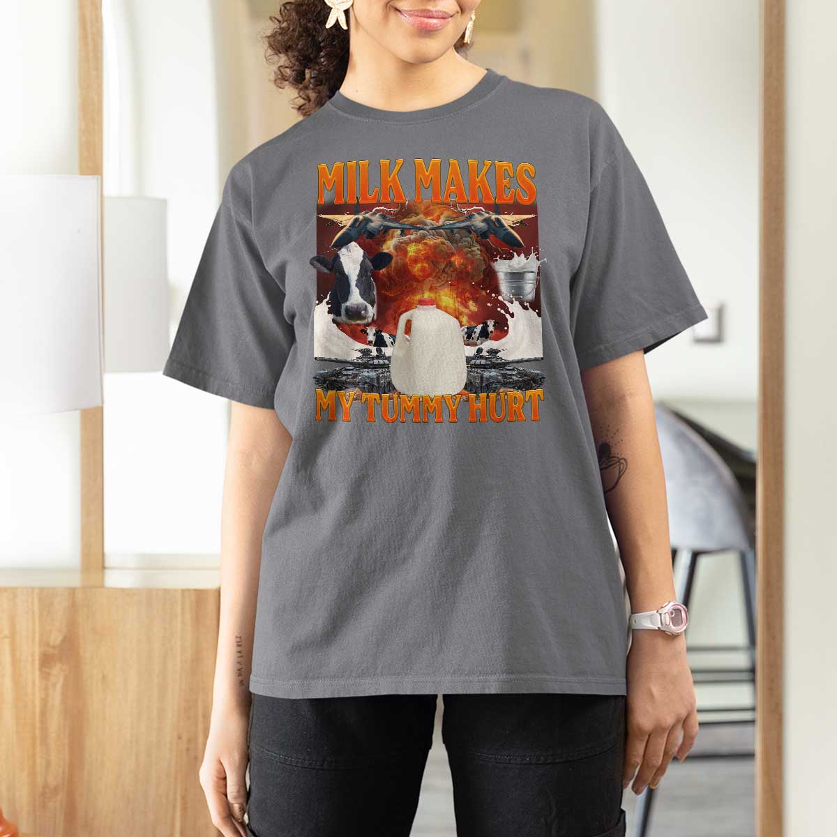 Lactose Intolerant Meme T Shirt For Women Milk Makes My Tummy Hurt Vintage Bootleg Graphic