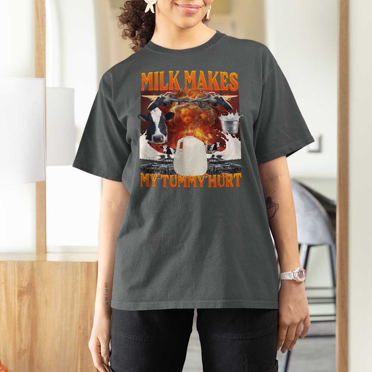 Lactose Intolerant Meme T Shirt For Women Milk Makes My Tummy Hurt Vintage Bootleg Graphic