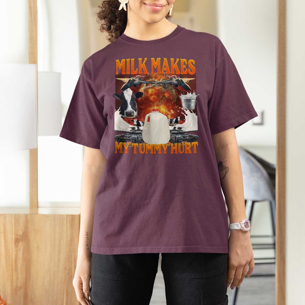 Lactose Intolerant Meme T Shirt For Women Milk Makes My Tummy Hurt Vintage Bootleg Graphic