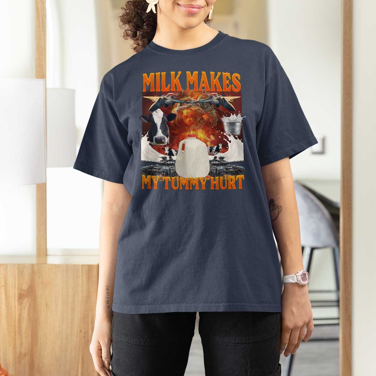 Lactose Intolerant Meme T Shirt For Women Milk Makes My Tummy Hurt Vintage Bootleg Graphic