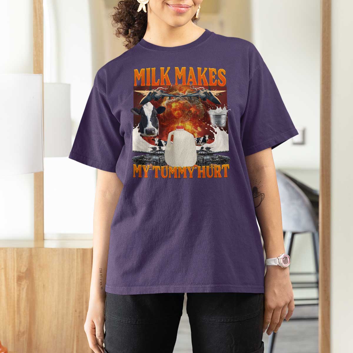 Lactose Intolerant Meme T Shirt For Women Milk Makes My Tummy Hurt Vintage Bootleg Graphic