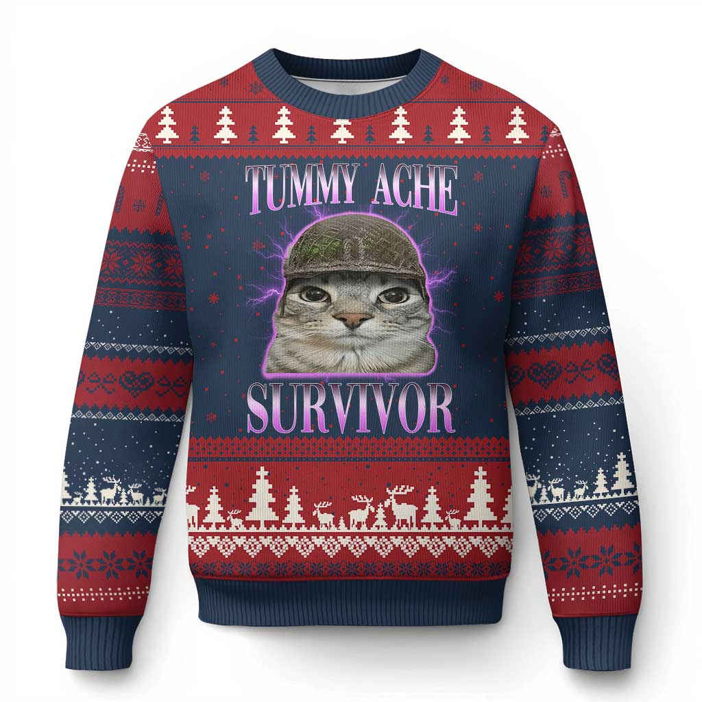 Tummy Ache Survivor Cat Meme Ugly Christmas Sweater Funny Trending Oddly Specific Brainrot Memes
