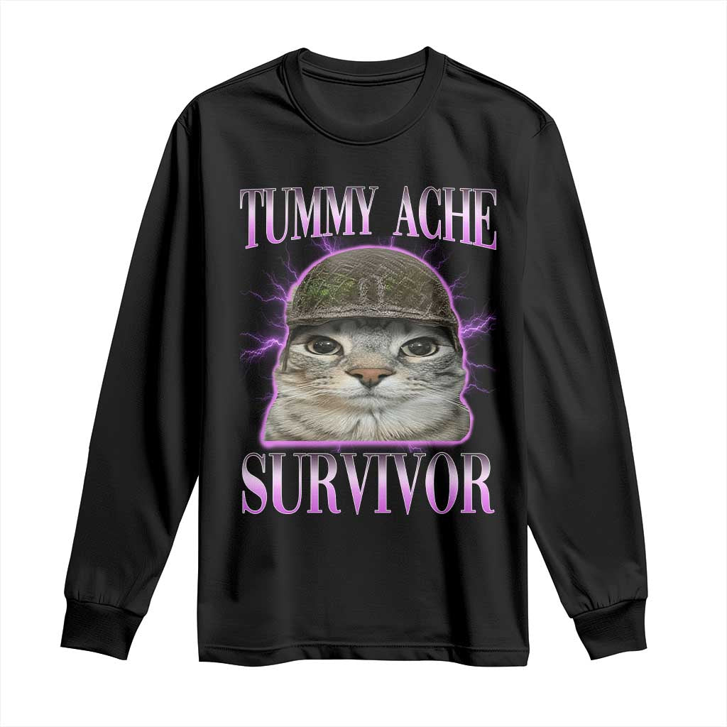Tummy Ache Survivor Cat Meme Long Sleeve Shirt Funny Trending Oddly Specific Brainrot Memes
