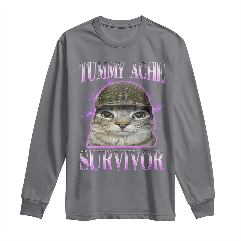 Tummy Ache Survivor Cat Meme Long Sleeve Shirt Funny Trending Oddly Specific Brainrot Memes