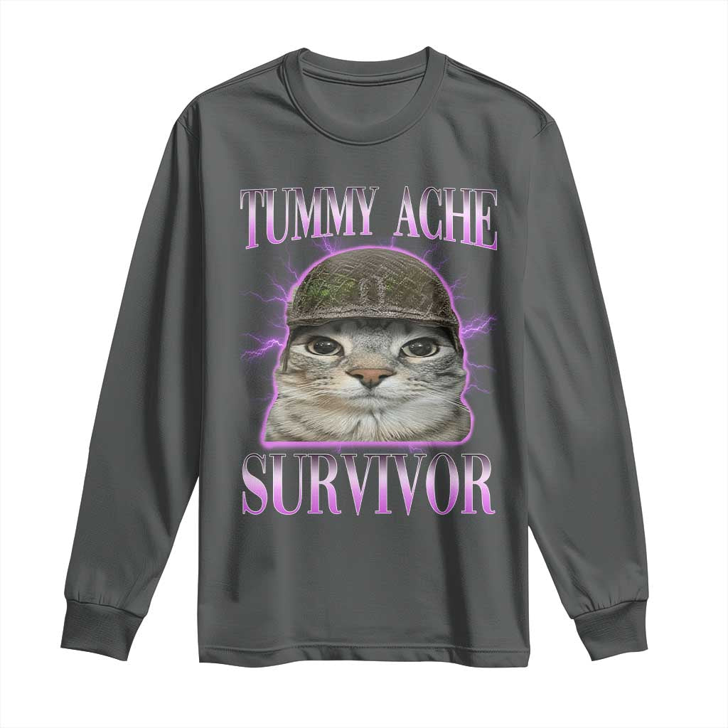 Tummy Ache Survivor Cat Meme Long Sleeve Shirt Funny Trending Oddly Specific Brainrot Memes