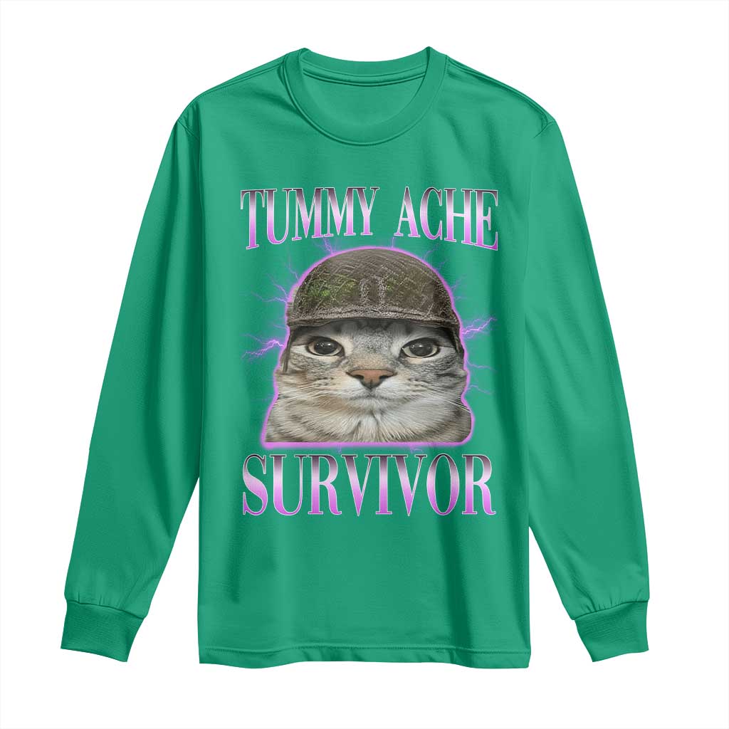 Tummy Ache Survivor Cat Meme Long Sleeve Shirt Funny Trending Oddly Specific Brainrot Memes