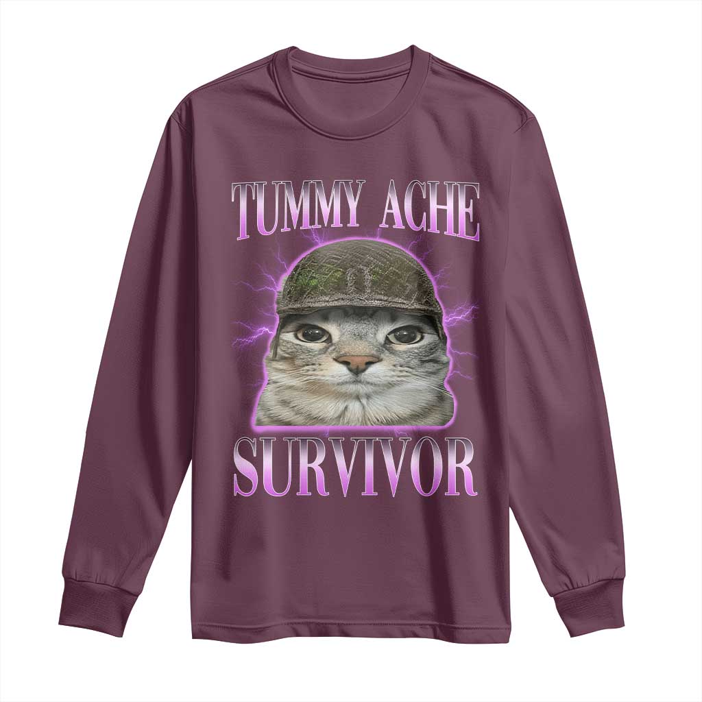 Tummy Ache Survivor Cat Meme Long Sleeve Shirt Funny Trending Oddly Specific Brainrot Memes