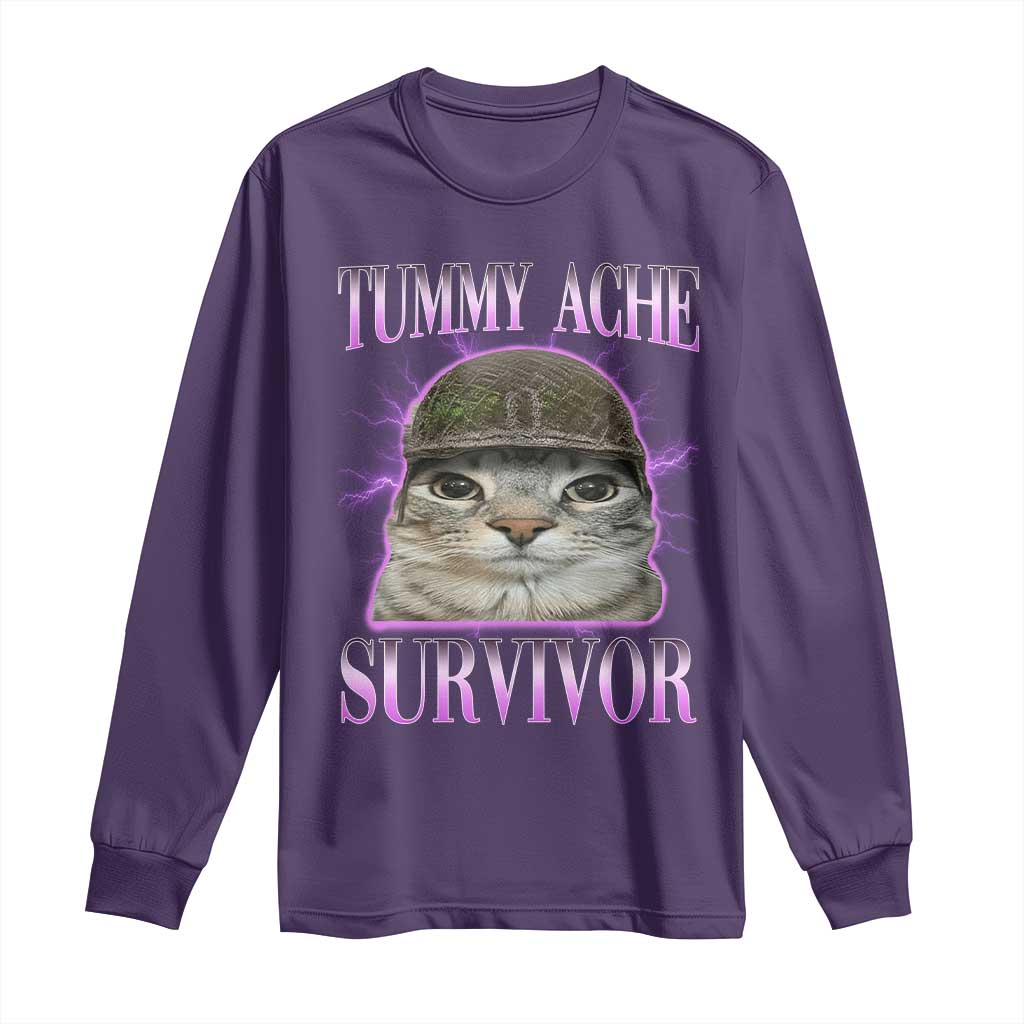 Tummy Ache Survivor Cat Meme Long Sleeve Shirt Funny Trending Oddly Specific Brainrot Memes