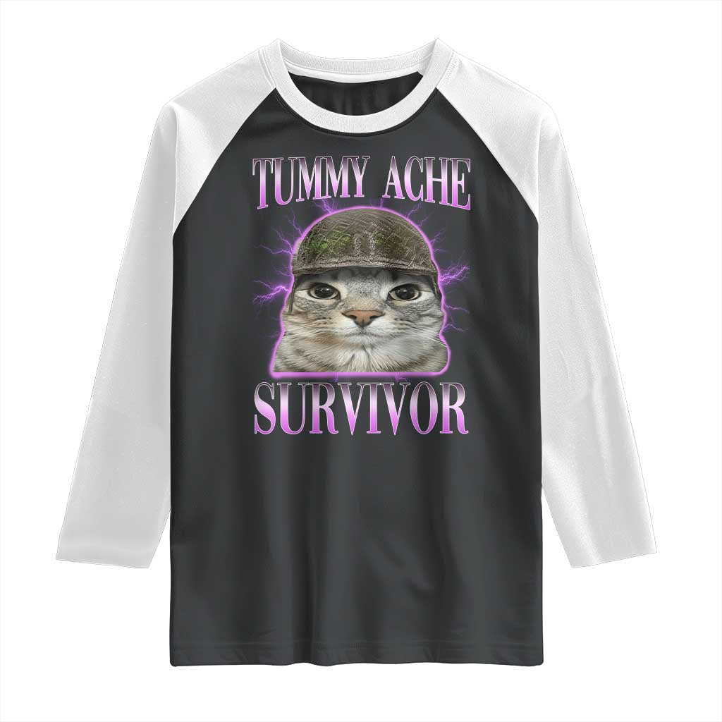 Tummy Ache Survivor Cat Meme Raglan Shirt Funny Trending Oddly Specific Brainrot Memes