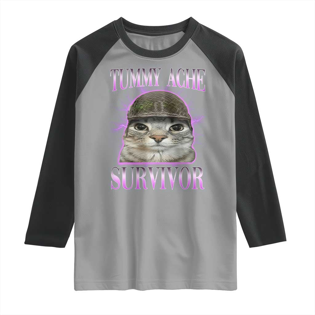 Tummy Ache Survivor Cat Meme Raglan Shirt Funny Trending Oddly Specific Brainrot Memes