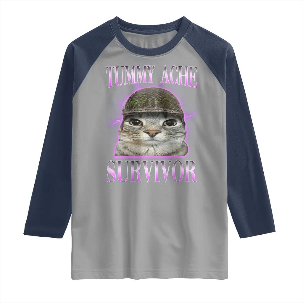 Tummy Ache Survivor Cat Meme Raglan Shirt Funny Trending Oddly Specific Brainrot Memes