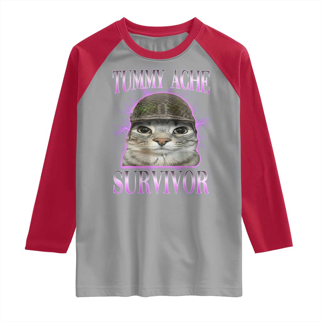 Tummy Ache Survivor Cat Meme Raglan Shirt Funny Trending Oddly Specific Brainrot Memes