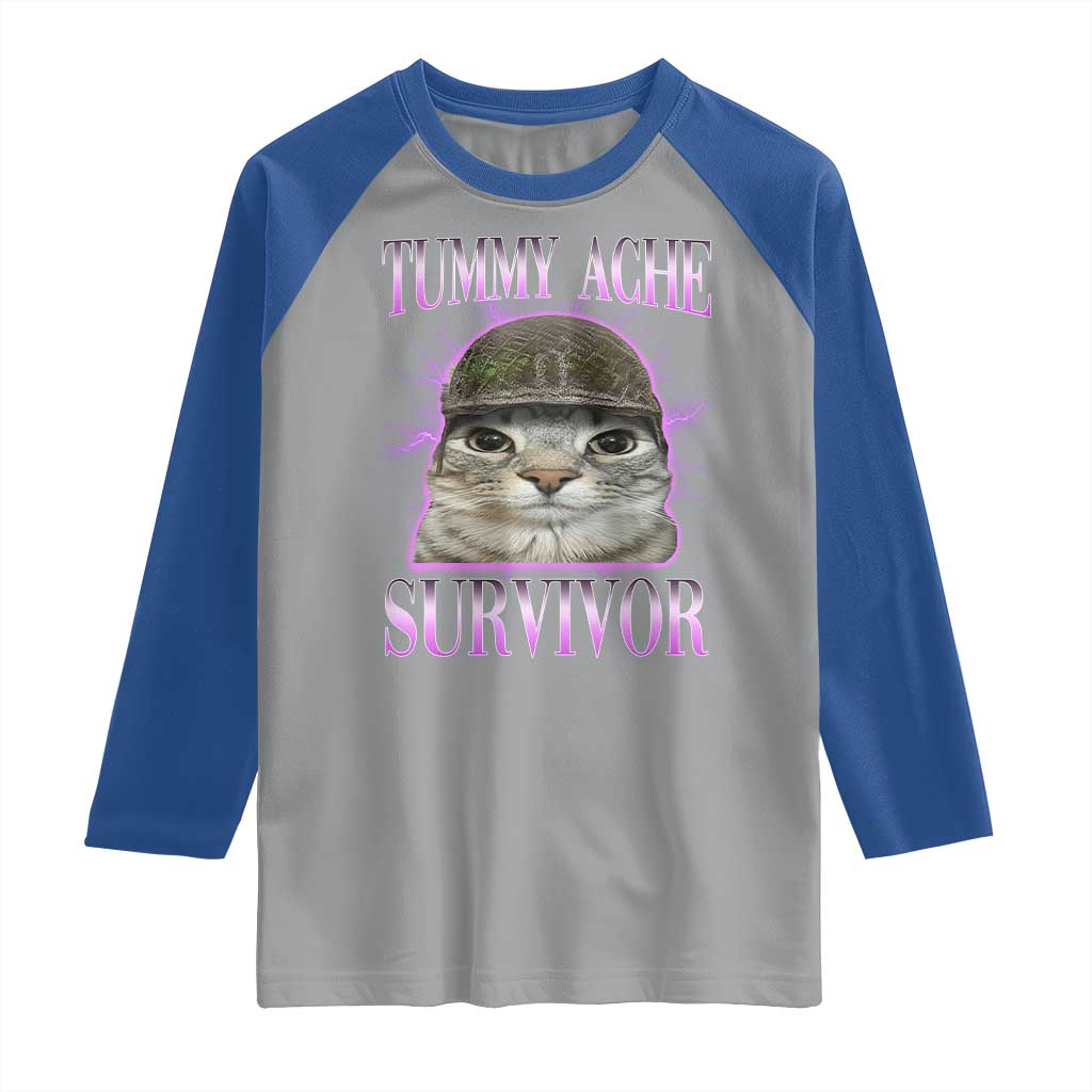 Tummy Ache Survivor Cat Meme Raglan Shirt Funny Trending Oddly Specific Brainrot Memes