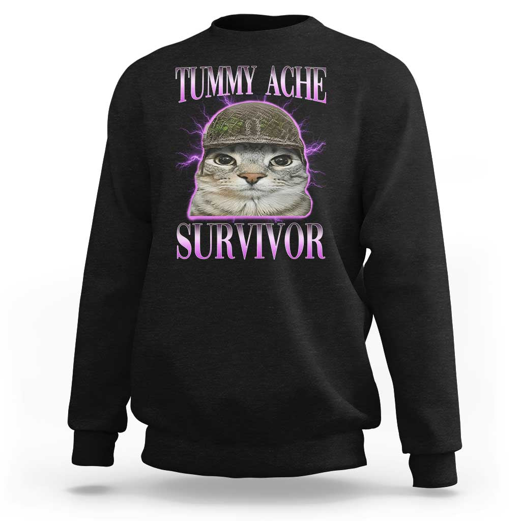 Tummy Ache Survivor Cat Meme Sweatshirt Funny Trending Oddly Specific Brainrot Memes
