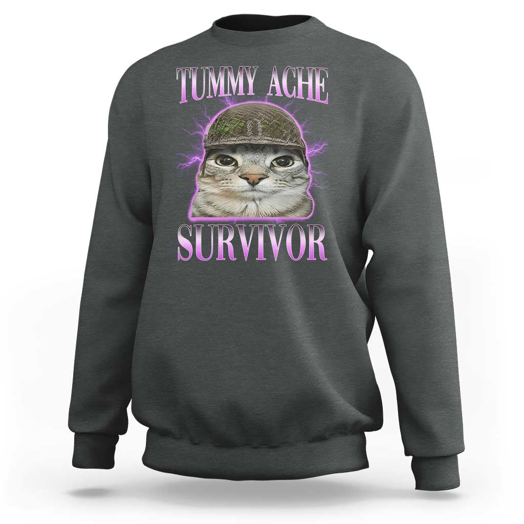 Tummy Ache Survivor Cat Meme Sweatshirt Funny Trending Oddly Specific Brainrot Memes