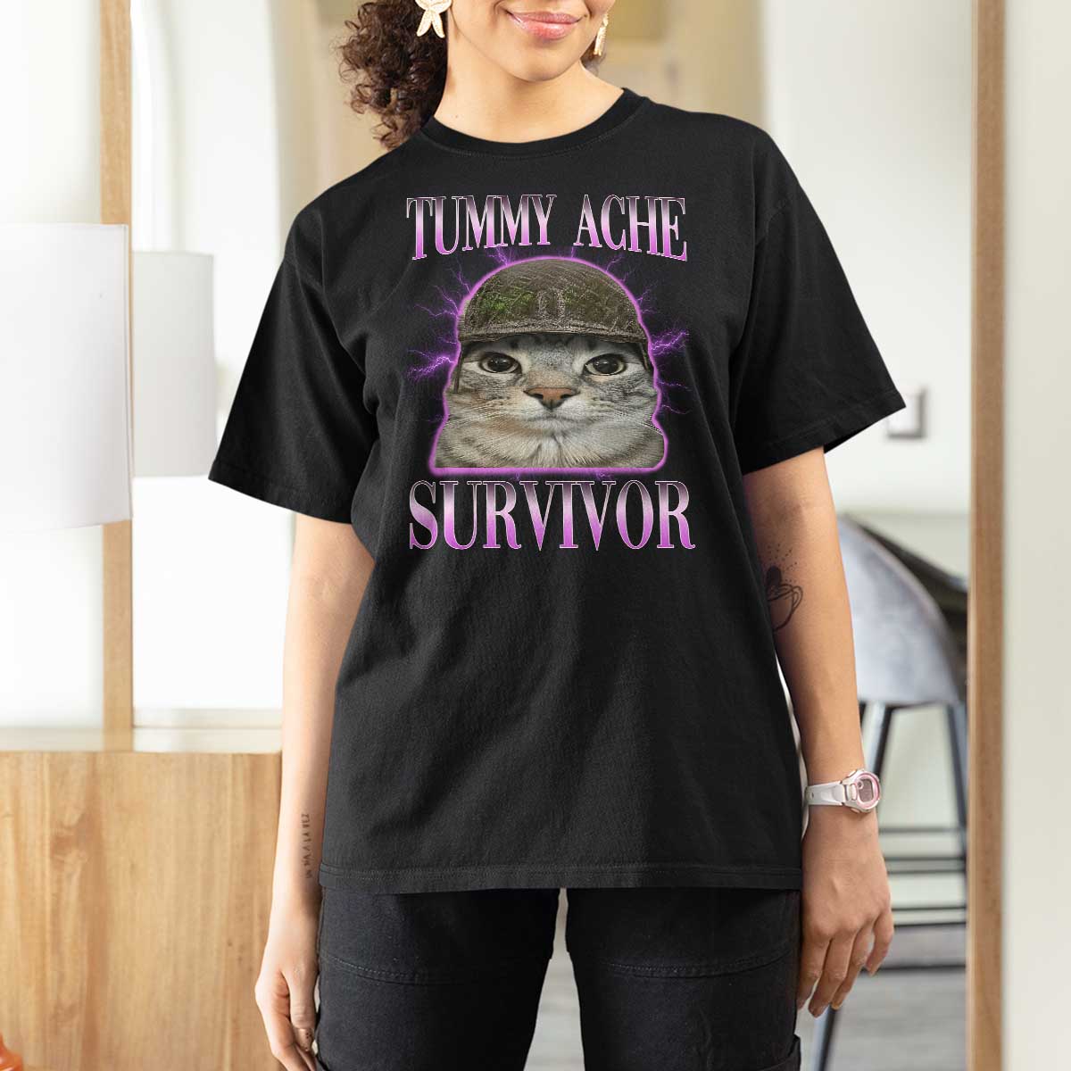 Tummy Ache Survivor Cat Meme T Shirt For Women Funny Trending Oddly Specific Brainrot Memes