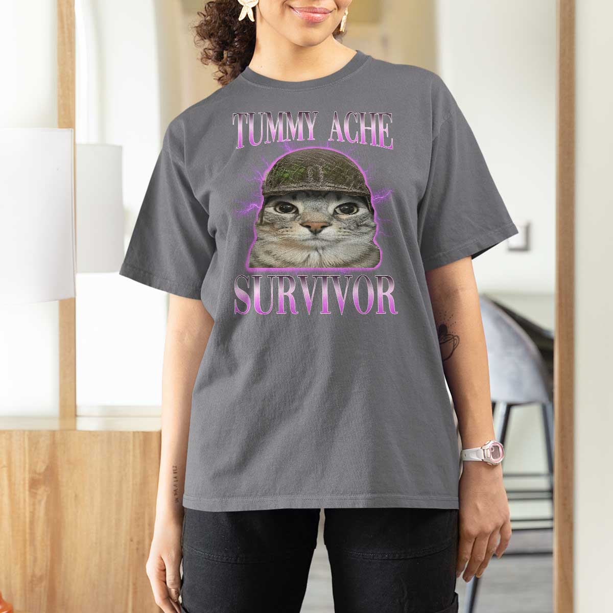 Tummy Ache Survivor Cat Meme T Shirt For Women Funny Trending Oddly Specific Brainrot Memes
