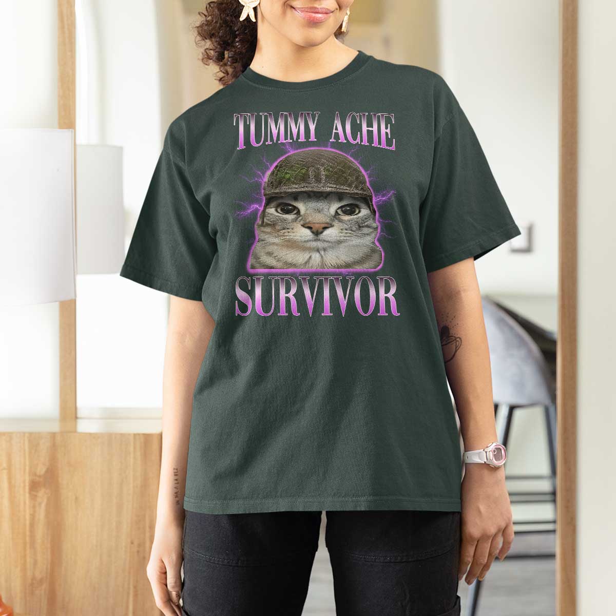 Tummy Ache Survivor Cat Meme T Shirt For Women Funny Trending Oddly Specific Brainrot Memes