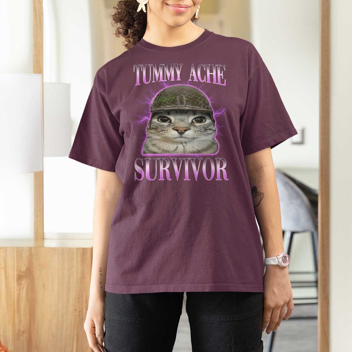 Tummy Ache Survivor Cat Meme T Shirt For Women Funny Trending Oddly Specific Brainrot Memes