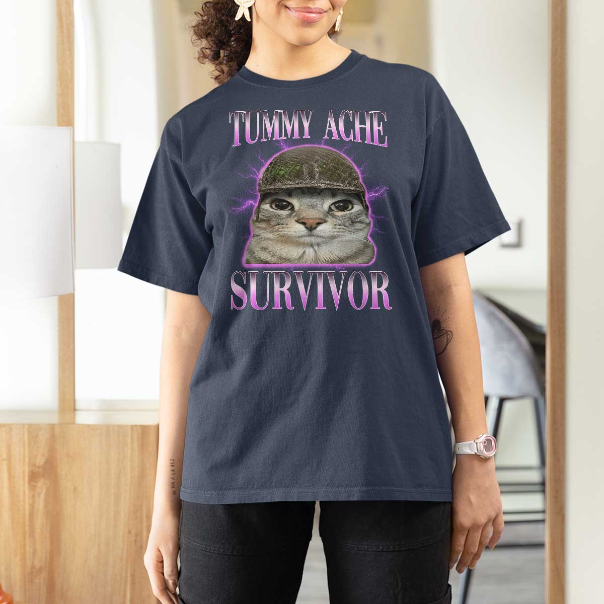 Tummy Ache Survivor Cat Meme T Shirt For Women Funny Trending Oddly Specific Brainrot Memes