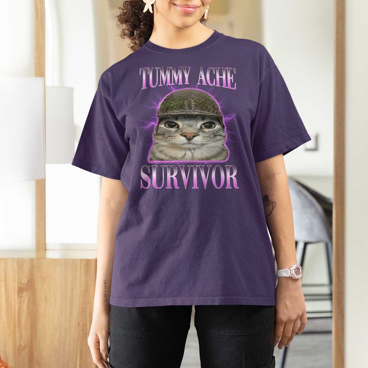 Tummy Ache Survivor Cat Meme T Shirt For Women Funny Trending Oddly Specific Brainrot Memes