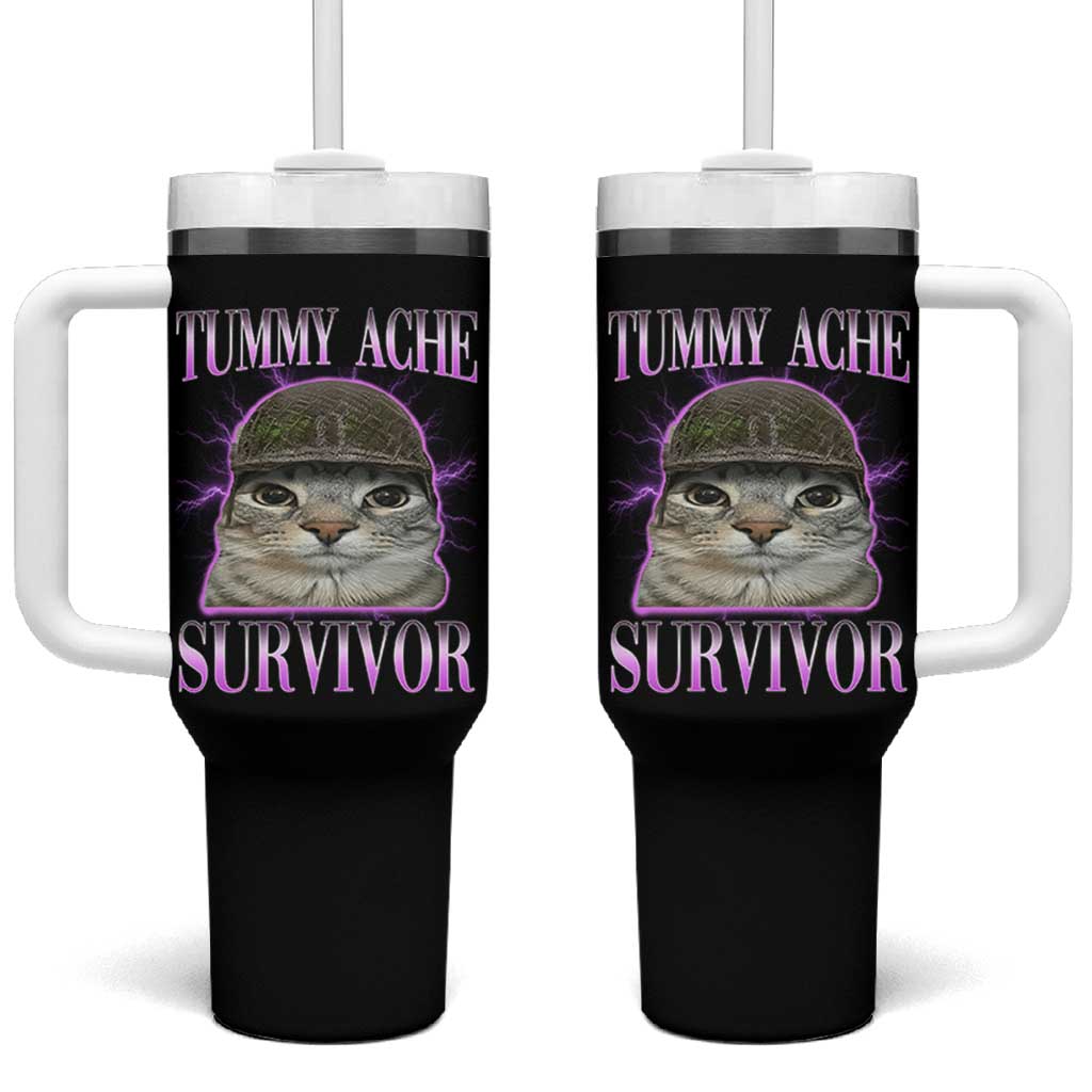 Tummy Ache Survivor Cat Meme Tumbler With Handle Funny Trending Oddly Specific Brainrot Memes