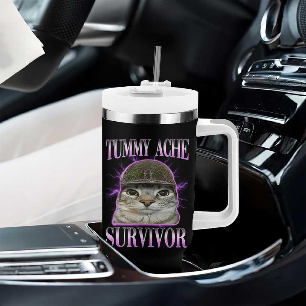 Tummy Ache Survivor Cat Meme Tumbler With Handle Funny Trending Oddly Specific Brainrot Memes