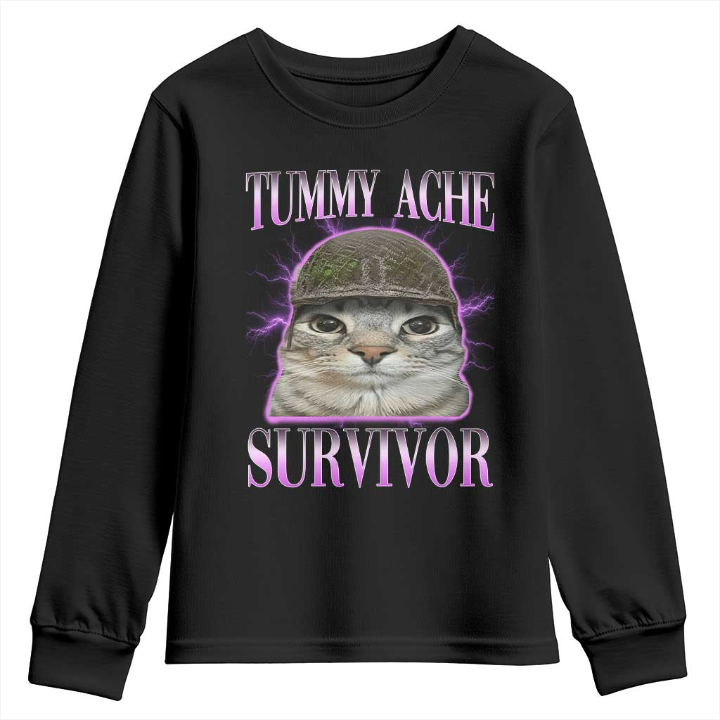 Tummy Ache Survivor Cat Meme Youth Sweatshirt Funny Trending Oddly Specific Brainrot Memes