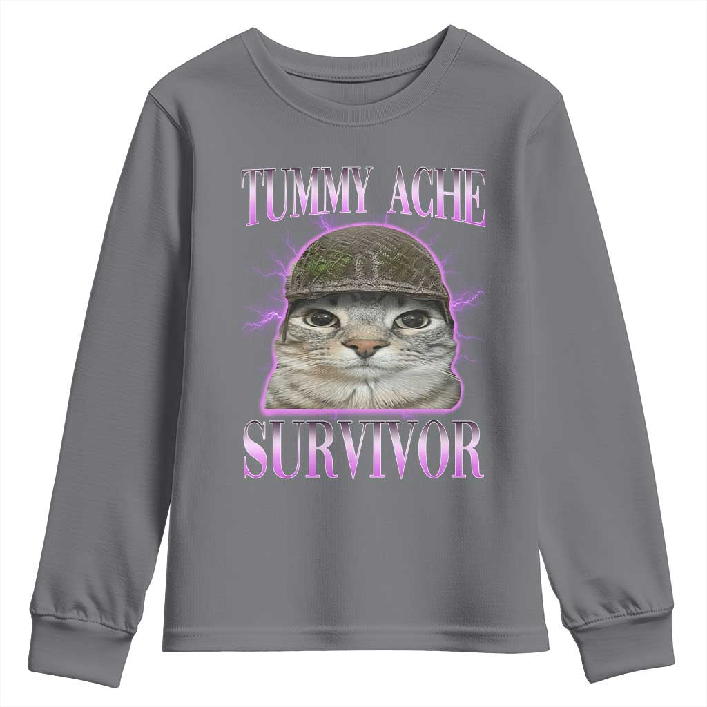 Tummy Ache Survivor Cat Meme Youth Sweatshirt Funny Trending Oddly Specific Brainrot Memes