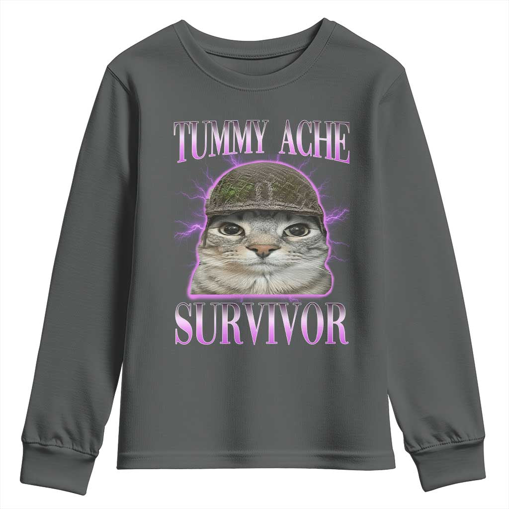 Tummy Ache Survivor Cat Meme Youth Sweatshirt Funny Trending Oddly Specific Brainrot Memes
