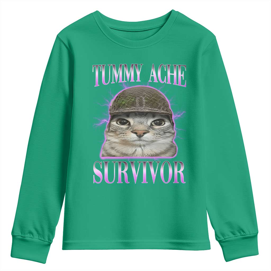 Tummy Ache Survivor Cat Meme Youth Sweatshirt Funny Trending Oddly Specific Brainrot Memes