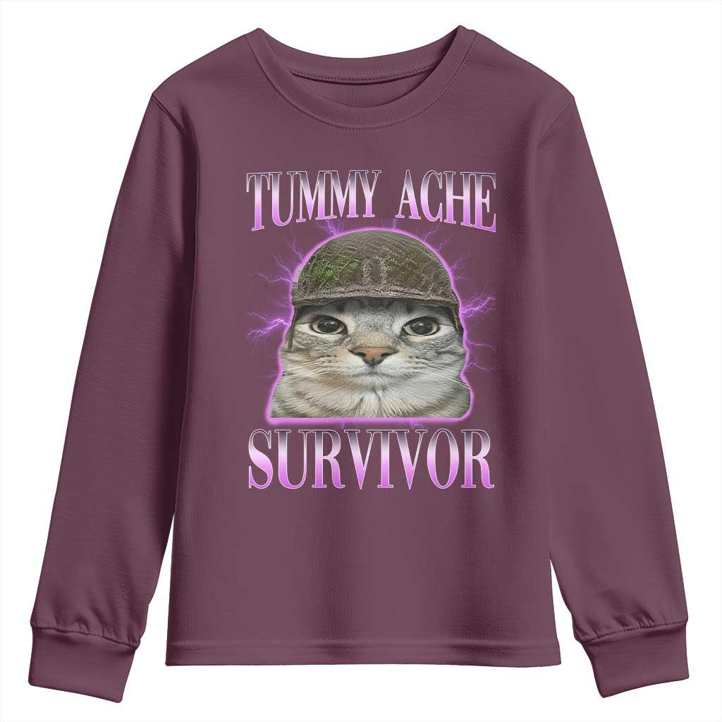 Tummy Ache Survivor Cat Meme Youth Sweatshirt Funny Trending Oddly Specific Brainrot Memes