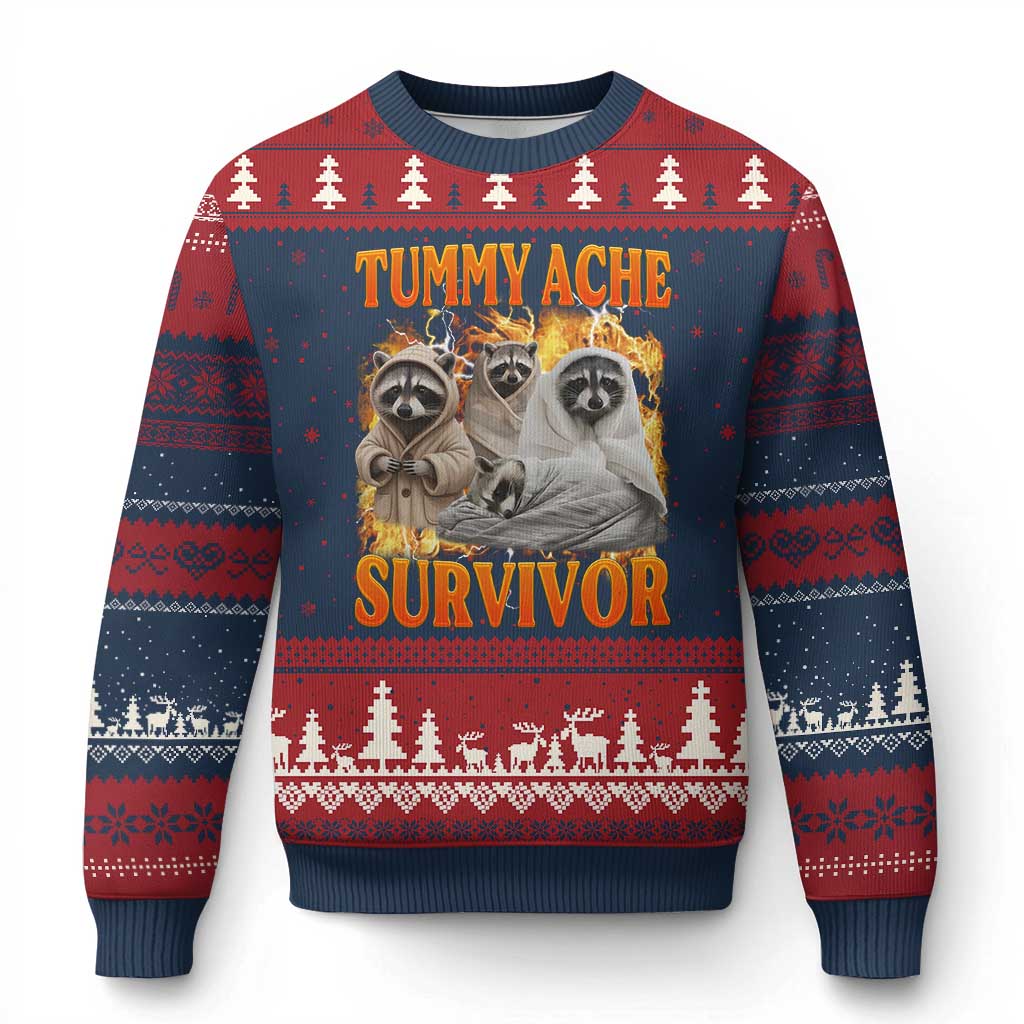 Tummy Ache Survivor Raccoon Meme Ugly Christmas Sweater