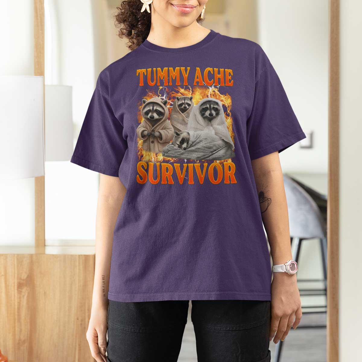 Tummy Ache Survivor Raccoon Meme T Shirt For Women