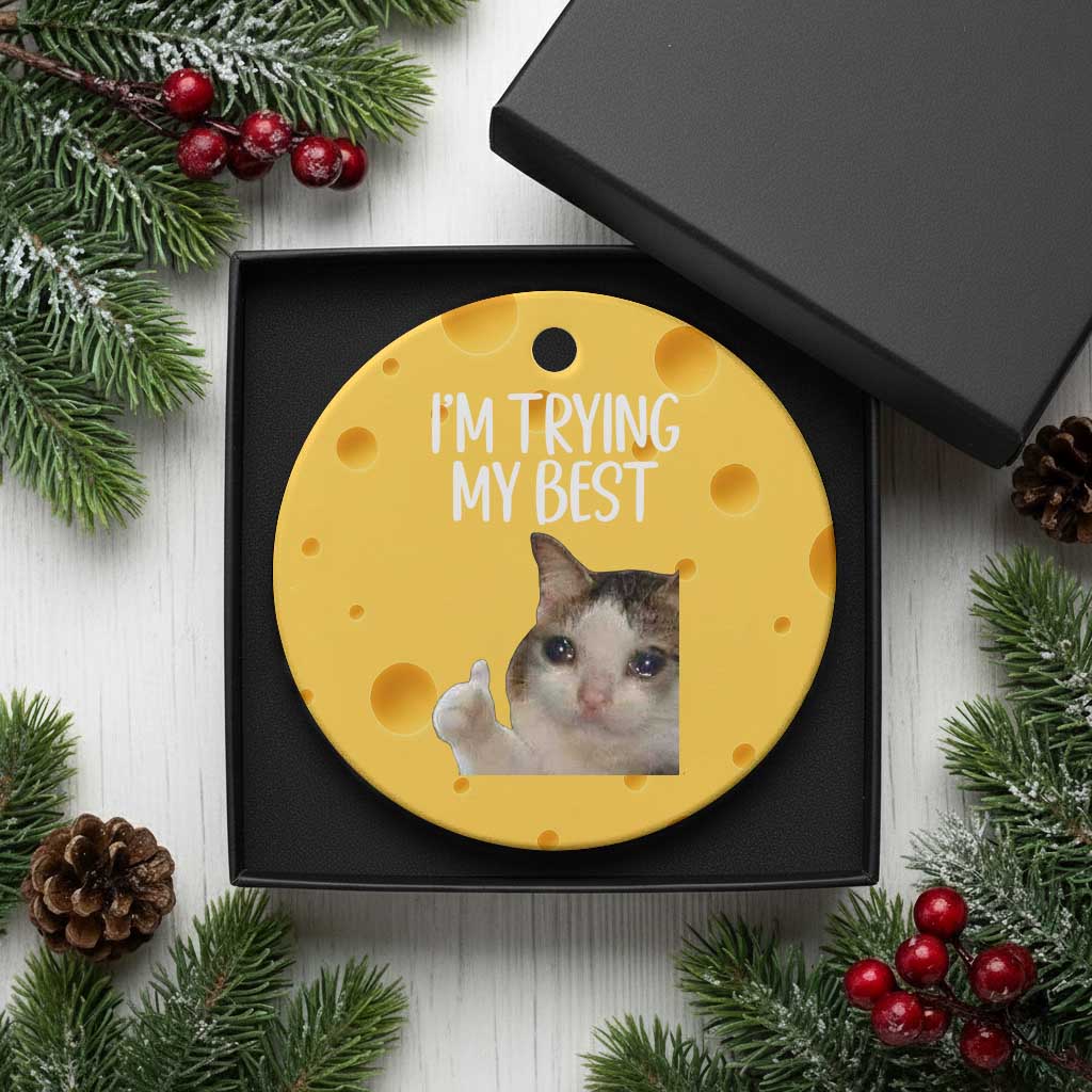 Im Trying My Best Funny Crying Cat Meme Ceramic Ornament - Wonder Print Shop