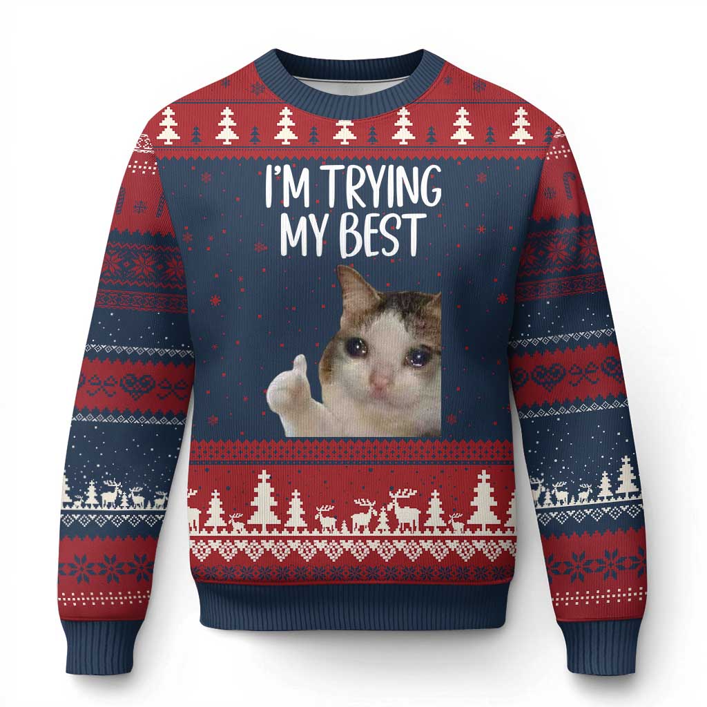 Im Trying My Best Funny Crying Cat Meme Ugly Christmas Sweater - Wonder Print Shop
