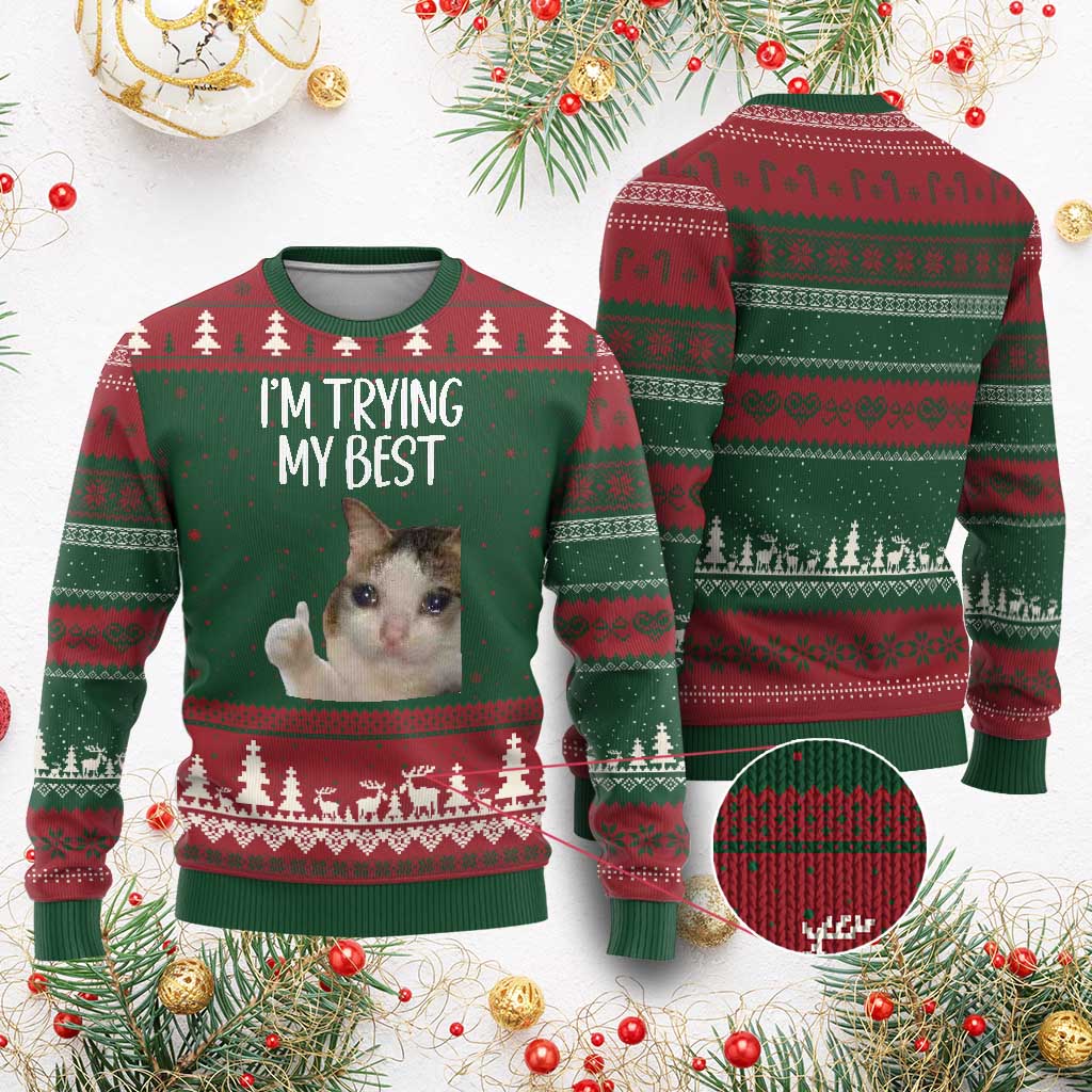 Im Trying My Best Funny Crying Cat Meme Ugly Christmas Sweater - Wonder Print Shop