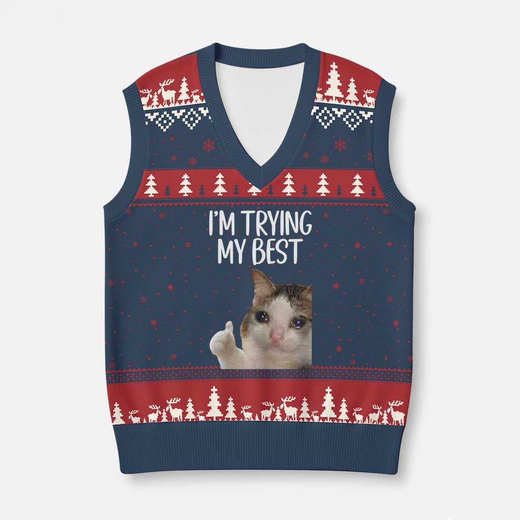 Im Trying My Best Funny Crying Cat Meme V-Neck Knit Sweater Vest - Wonder Print Shop