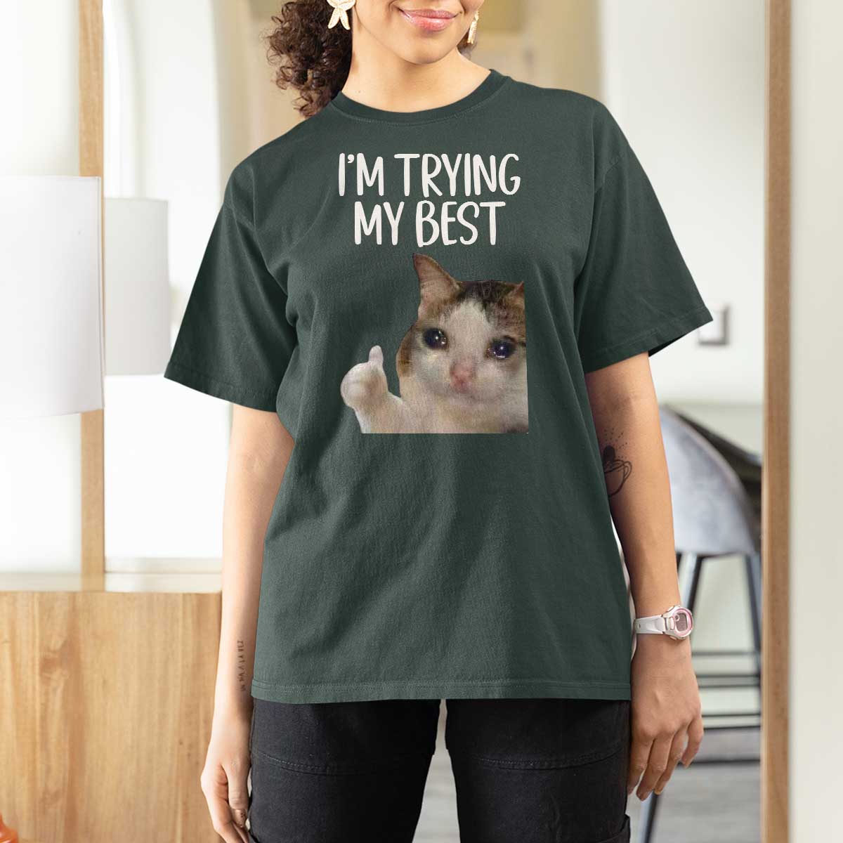Im Trying My Best Funny Crying Cat Meme T Shirt For Women - Wonder Print Shop