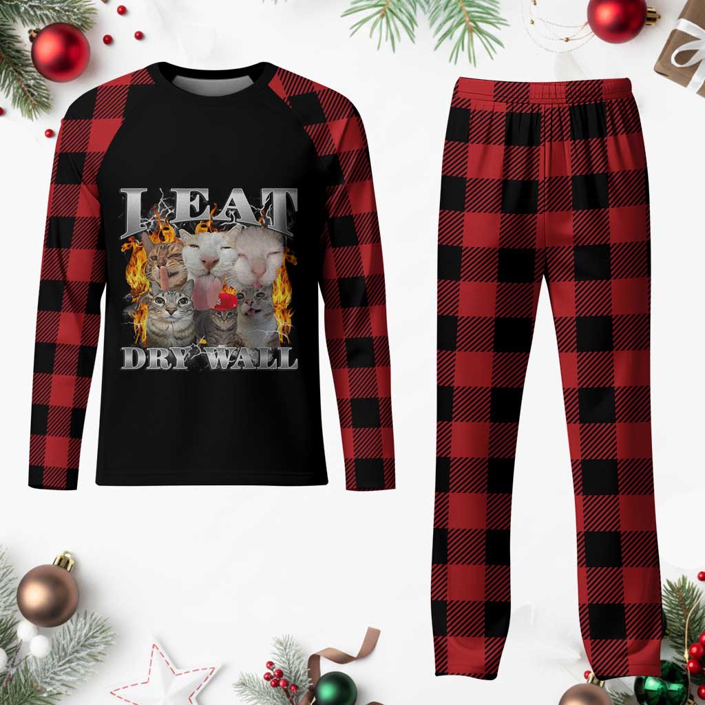Funny Cat Meme Bootleg Graphic Plaid Pajama Set I Eat Drywall Funny Weird Cursed Internet Memes