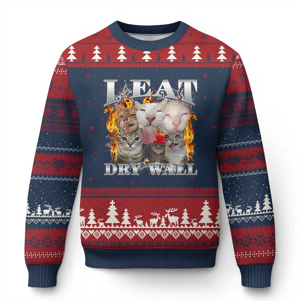 Funny Cat Meme Bootleg Graphic Ugly Christmas Sweater I Eat Drywall Funny Weird Cursed Internet Memes