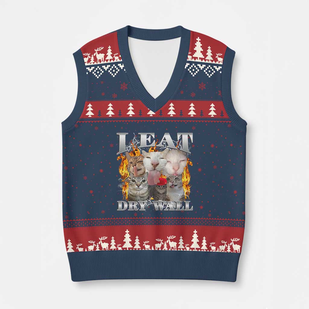 Funny Cat Meme Bootleg Graphic V-Neck Knit Sweater Vest I Eat Drywall Funny Weird Cursed Internet Memes
