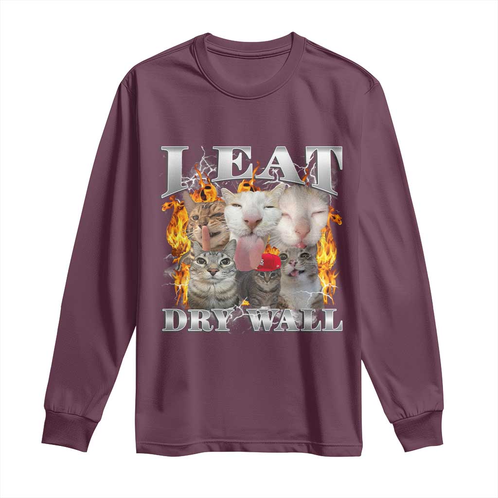 Funny Cat Meme Bootleg Graphic Long Sleeve Shirt I Eat Drywall Funny Weird Cursed Internet Memes
