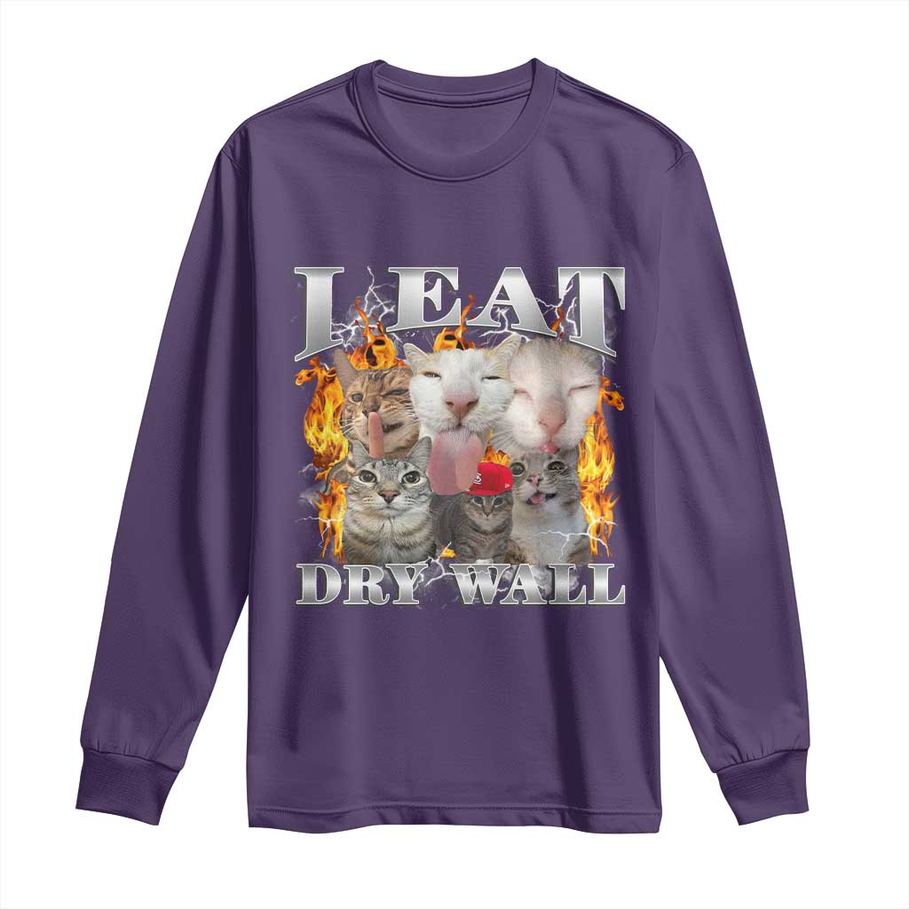 Funny Cat Meme Bootleg Graphic Long Sleeve Shirt I Eat Drywall Funny Weird Cursed Internet Memes