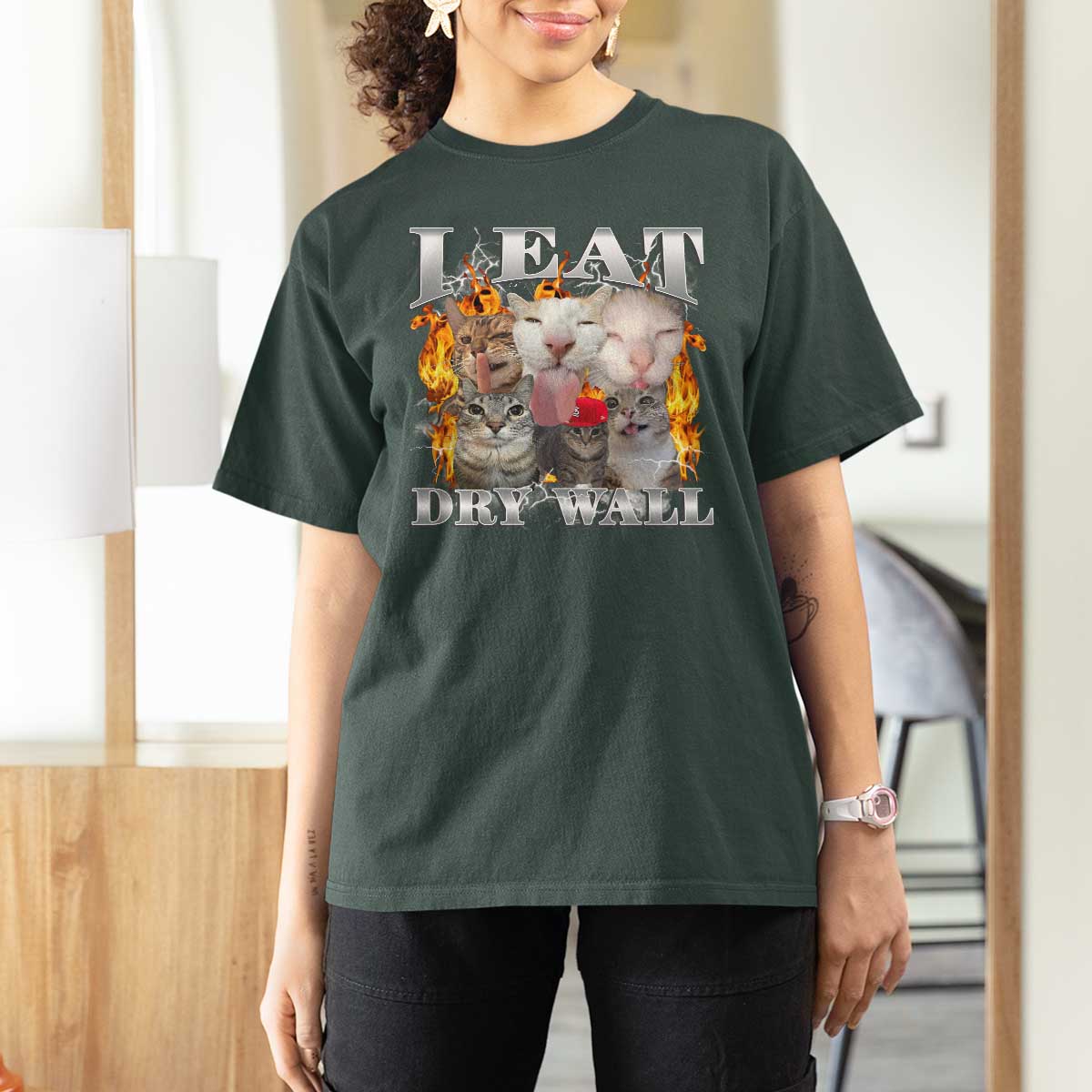 Funny Cat Meme Bootleg Graphic T Shirt For Women I Eat Drywall Funny Weird Cursed Internet Memes