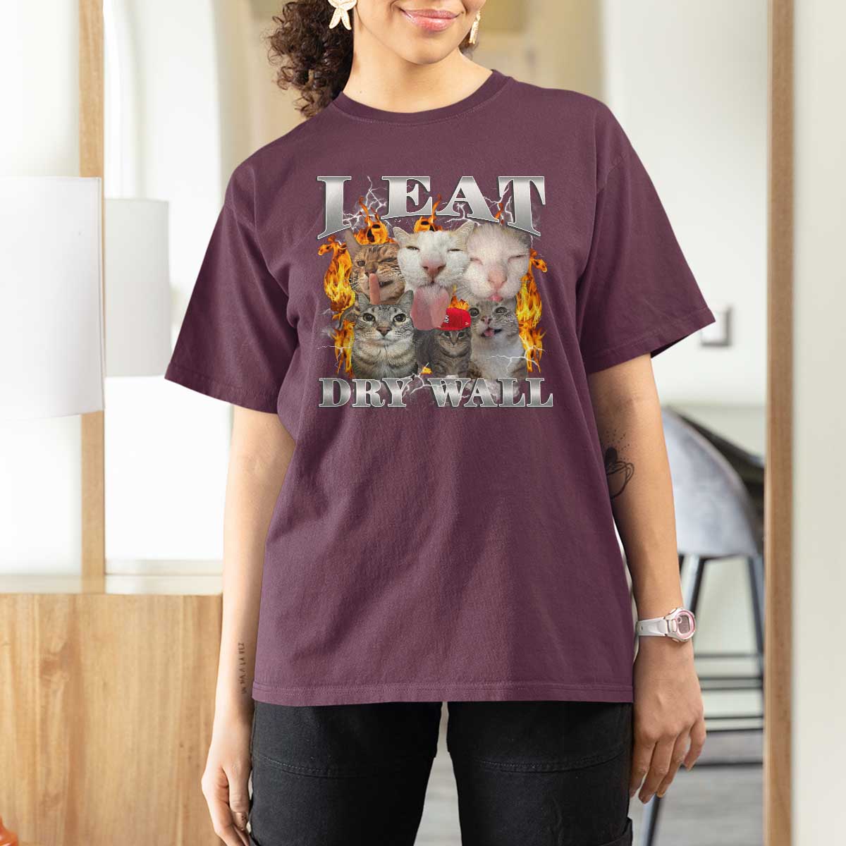 Funny Cat Meme Bootleg Graphic T Shirt For Women I Eat Drywall Funny Weird Cursed Internet Memes