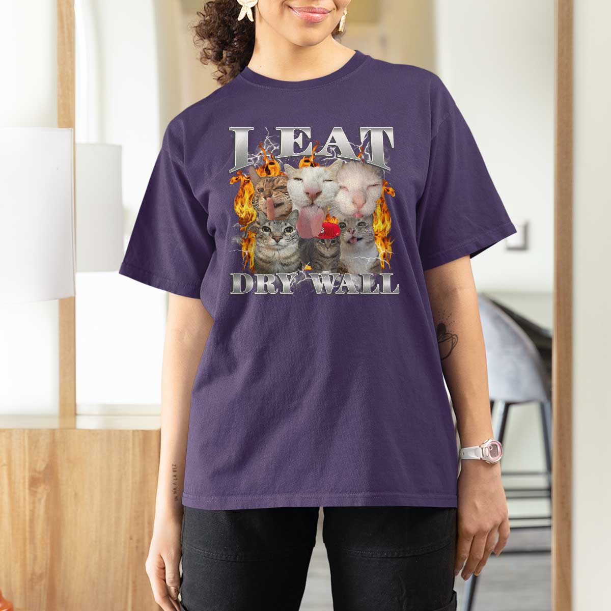 Funny Cat Meme Bootleg Graphic T Shirt For Women I Eat Drywall Funny Weird Cursed Internet Memes