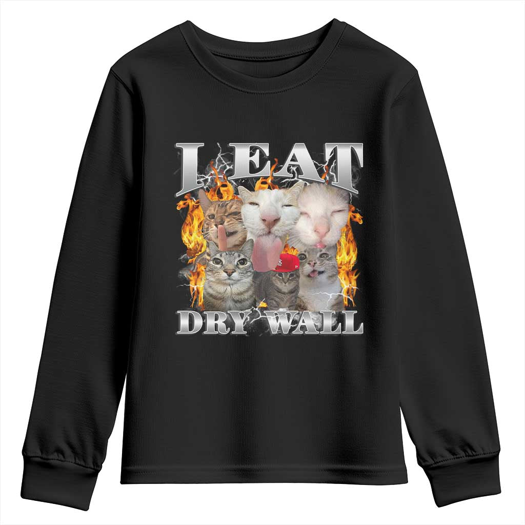 Funny Cat Meme Bootleg Graphic Youth Sweatshirt I Eat Drywall Funny Weird Cursed Internet Memes