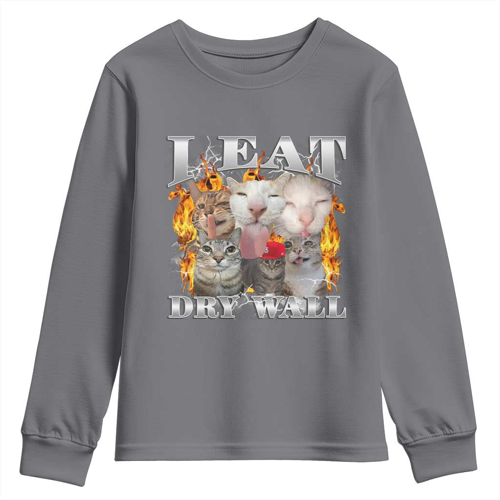 Funny Cat Meme Bootleg Graphic Youth Sweatshirt I Eat Drywall Funny Weird Cursed Internet Memes